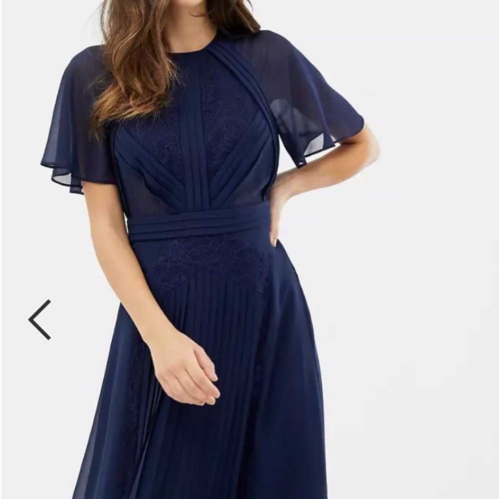 ASOS DESIGN pleated paneled flutter sleeve midi dress with lace inserts